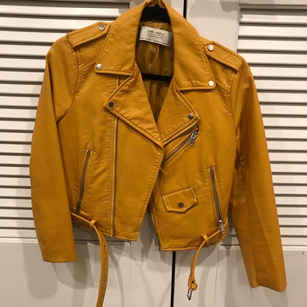 Mustard yellow leather biker jacket